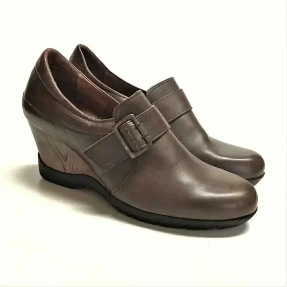 Sanita Maralyn Women 10.5 11 EU 41 Wedge Loafers Brown Leather Monk Strap Buckle - Picture 1 of 6
